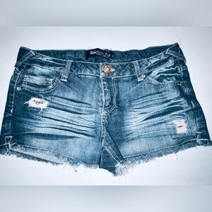 Celebrity Pink Dark Wash w glitter donut button and pink rhinestones jean shorts